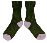 Recycled Silk Blend Ribbed Socks in dark green & lilac.