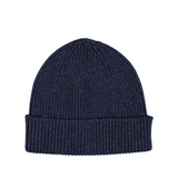 Lambswool ribbed beanie by Catherine Tough in navy blue.