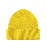 Lambswool ribbed beanie by Catherine Tough in electric yellow.