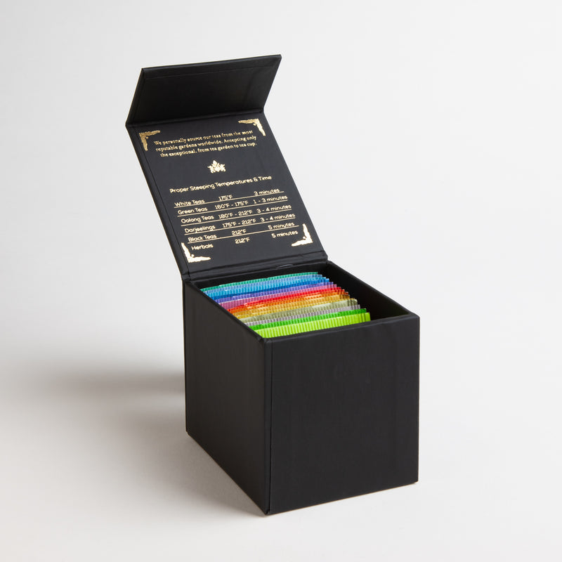 Harney Heritage Teabag Sampler  - This colorful collection of fifteen premium teas provides a selection for any mood. Packaged in a handsome black box with a magnetic closure. 