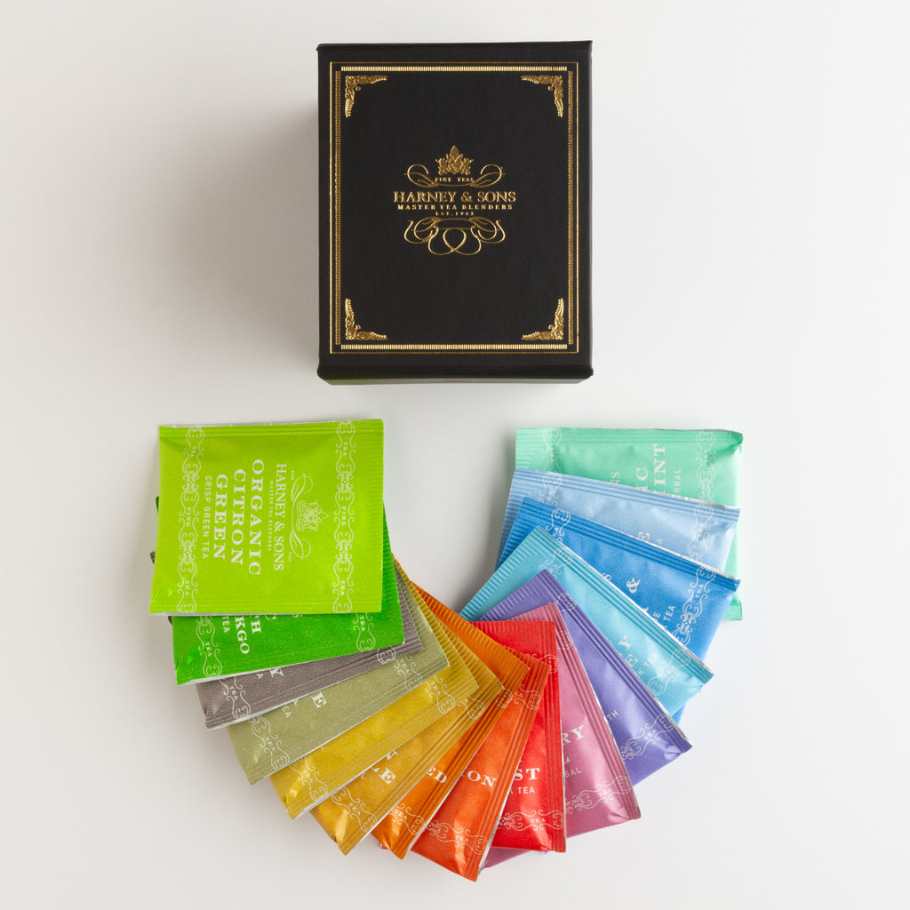 Harney Heritage Teabag Sampler  - This colorful collection of fifteen premium teas provides a selection for any mood. Packaged in a handsome black box with a magnetic closure. 