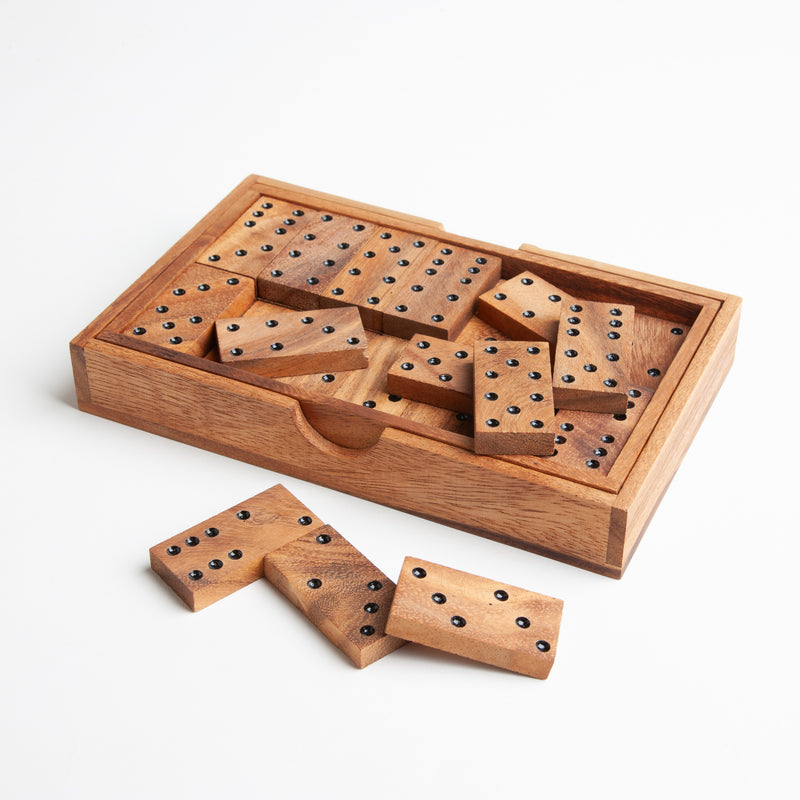 Wooden Domino set : This tidy little set of dominoes by Monkey Pod Games comes with a matching lid for easy storage. 5" x 8."