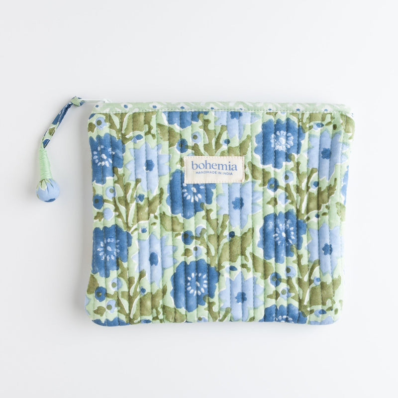 blue and green floral zipped cotton pouch
