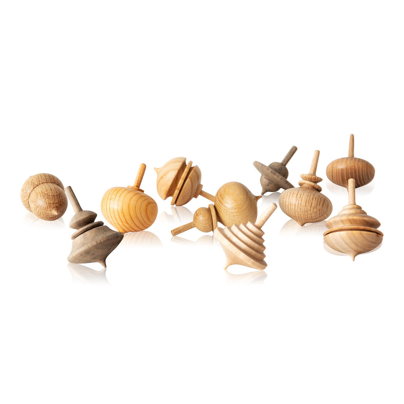 Group of ten different types of wooden tops.