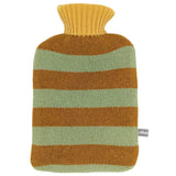 Lambswood hot water bottle cover with brown and green stripes on a white background