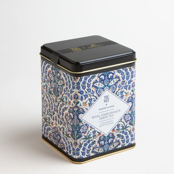 Royal Pomegranate is a light and layered blend of detoxifying green tea and antioxidant-rich pomegranate. The beautiful tin was produced by Harney & Sons in collaboration with The MET and features a detail from a 16th century Turkish tile.  Each tin contains 20 tea sachets. Ingredients: green tea, natural pomegranate flavor, pomegranate seeds.