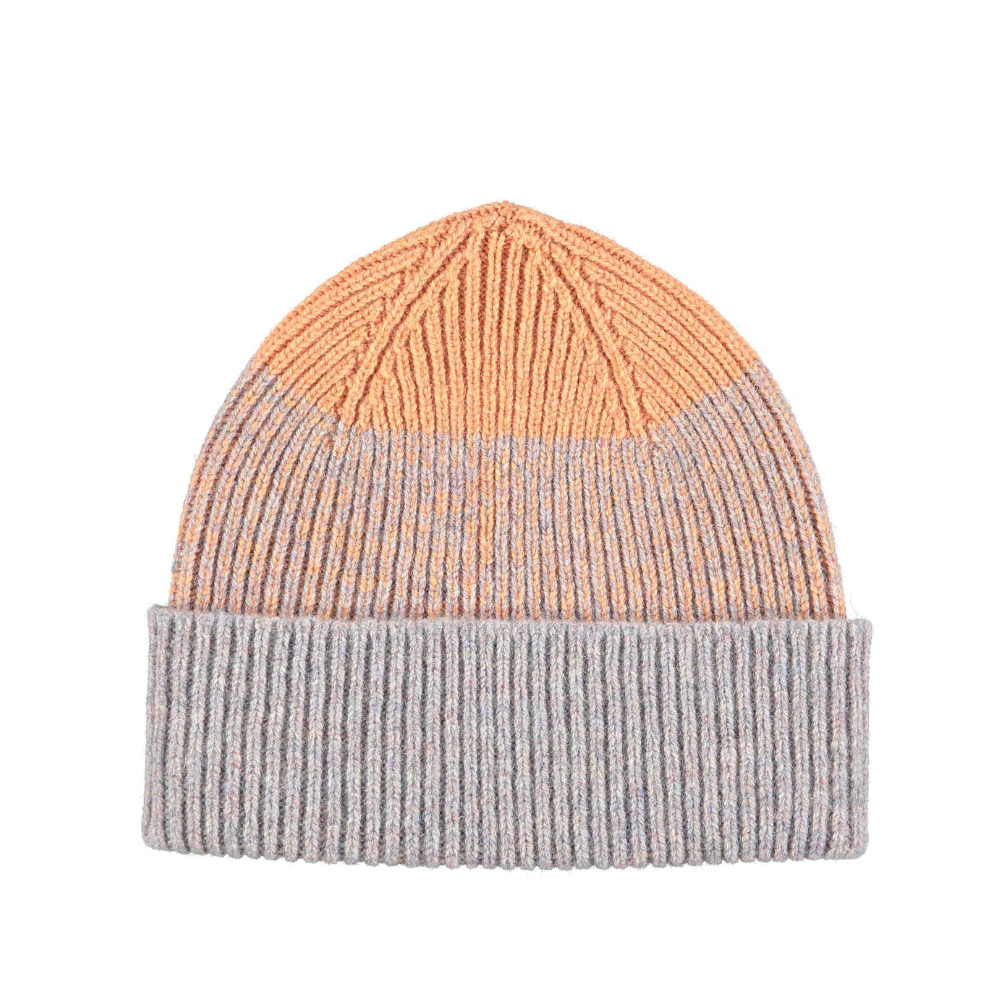 Lambswool beanie by Catherine Tough in peach and concrete marl pattern.