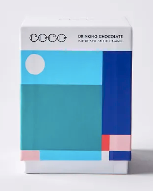 Isle of Skye Salted Caramel Drinking Chocolate  by Coco Chocolatier:  this delightfully smooth cocoa warms the soul. Single-origin Colombian drinking chocolate. Weight: 250g. Artist: Les Canailles. Ingredients: Sugar, Cocoa Mass, Cocoa Powder, Isle of Skye Sea Salt (<1%), Emulsifier: Non- GMO Soya Lecithin, Natural Caramel Flavor. Allergens: Soya