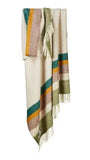 Pure new wool throw in a rich multistripe of olive, mustard, emerald green, and camel on a natural beige background, finished with fringe