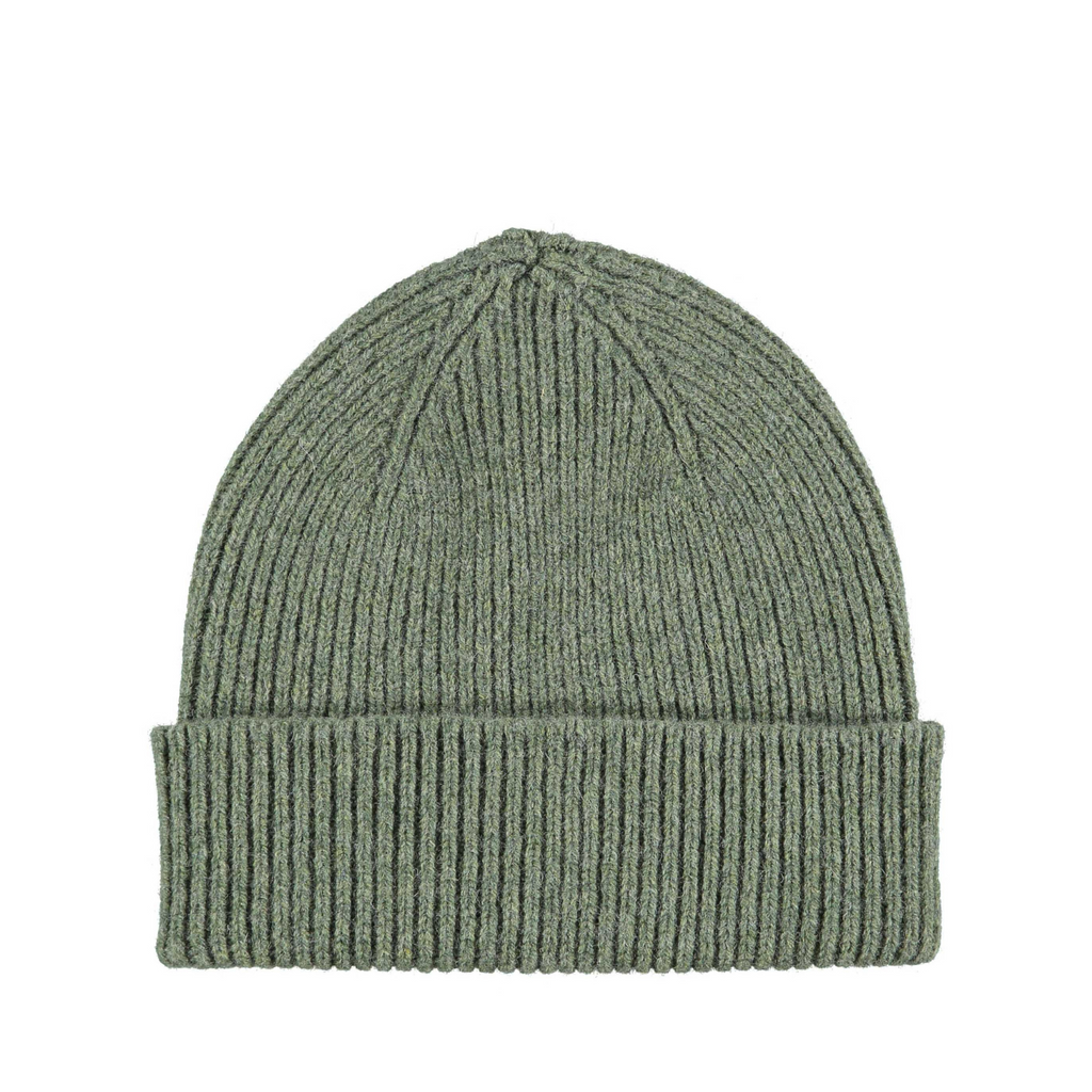 Lambswool ribbed beanie by Catherine Tough in moss green. 