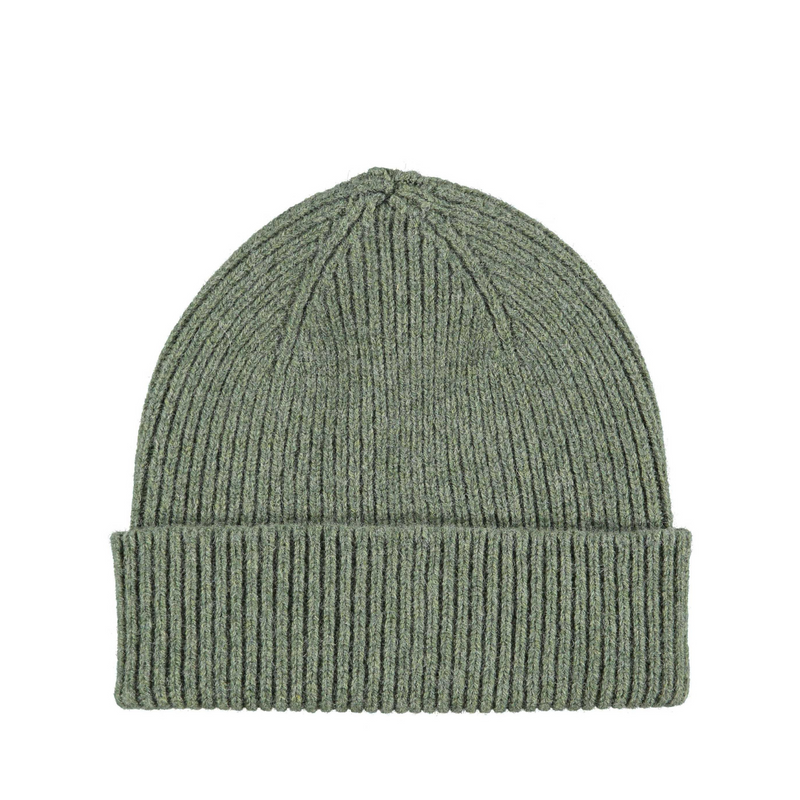 Lambswool ribbed beanie by Catherine Tough in moss green. 