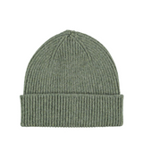 Lambswool ribbed beanie by Catherine Tough in moss green. 