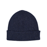 Lambswool ribbed beanie by Catherine Tough in navy blue. 