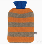 Striped hot water bottle cover with blue top and orange and camel stripes on a white background