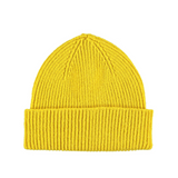 Lambswool ribbed beanie by Catherine Tough in electric yellow. 