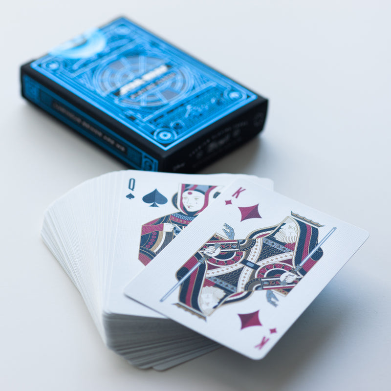 Star Wars playing cards by Theory - This special deck of cards comes with an ornate metallic blue tuck case and is made in the USA with paper derived from sustainable forests. The court cards feature memorable characters from both the light and dark sides such as : Luke Skywalker, Rey and Darth Vader.