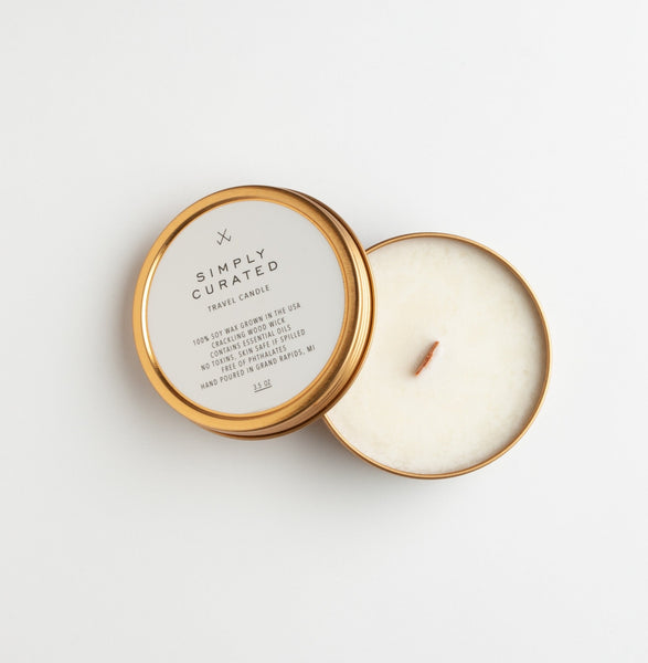 Guava Fig Travel Candle by Simply Curated is a luxurious blend of apple, cassis and guava with notes of fig and pear. Burn time: 16 hours. Soy wax with a clean burning wooden wick. 4 oz tin.