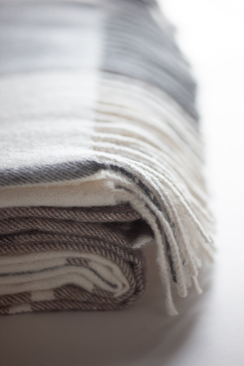 100% Baby Alpaca Blanket: Overlapping shades of brown, white and silver grey are  woven into a geometric pattern. This  soft, hypoallergenic throw is produced with the finest grade of alpaca. 71 in. length x 51 in. width. 